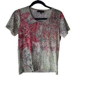 Laura Petites Y2k Small Floral Water Colored Rhinestone Short Slv Semi Sheer Top